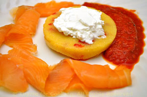Confetti Polenta with Salmon, Chevre and Pimiento Sauce